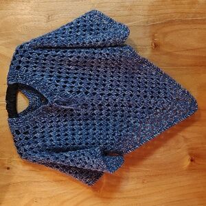 Beautiful Handmade Crocheted Drawstring Shawl Blue White Boho Poncho Cape OS